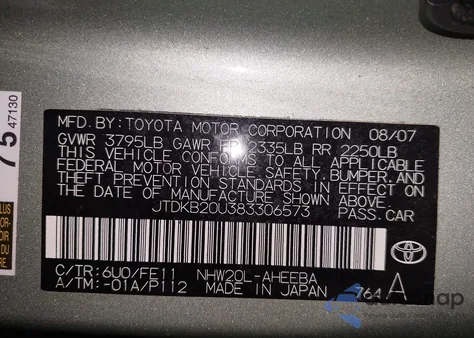 2008 Toyota Prius z USA, uszkodzony, nr VIN JTDKB20U383306573